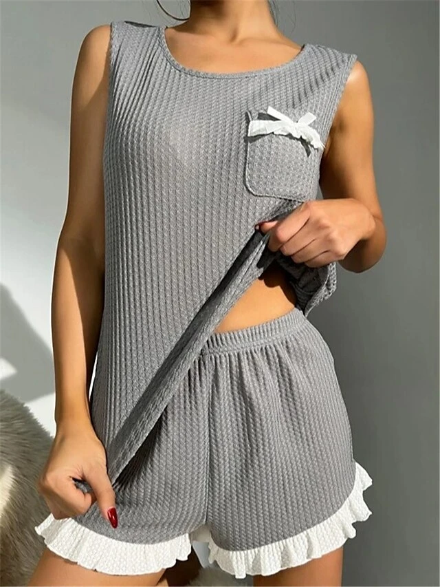 Women's Pajamas Pajama Top And Pant Sets Pure Color Simple Casual Soft Home Daily Bed Waffle Fabric Breathable Crew Neck Sleeveless Shorts Summer Spring Yellow Pink 9 Women's Pajamas Pajama Top And Pant Sets Pure Color Simple Casual Soft Home Daily Bed Waffle Fabric Breathable Crew Neck Sleeveless Shorts Summer Spring Yellow Pink - Image 7