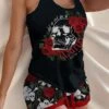 Women's Halloween Lounge Sets Skeleton Rose Pattern Heart Flower Casual Comfort Home Halloween Bed Polyester Breathable Crew Neck Short Sleeve Tank Top Shorts Fall Winter Red Black Black