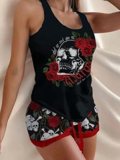 Women's Halloween Lounge Sets Skeleton Rose Pattern Heart Flower Casual Comfort Home Halloween Bed Polyester Breathable Crew Neck Short Sleeve Tank Top Shorts Fall Winter Red Black Black