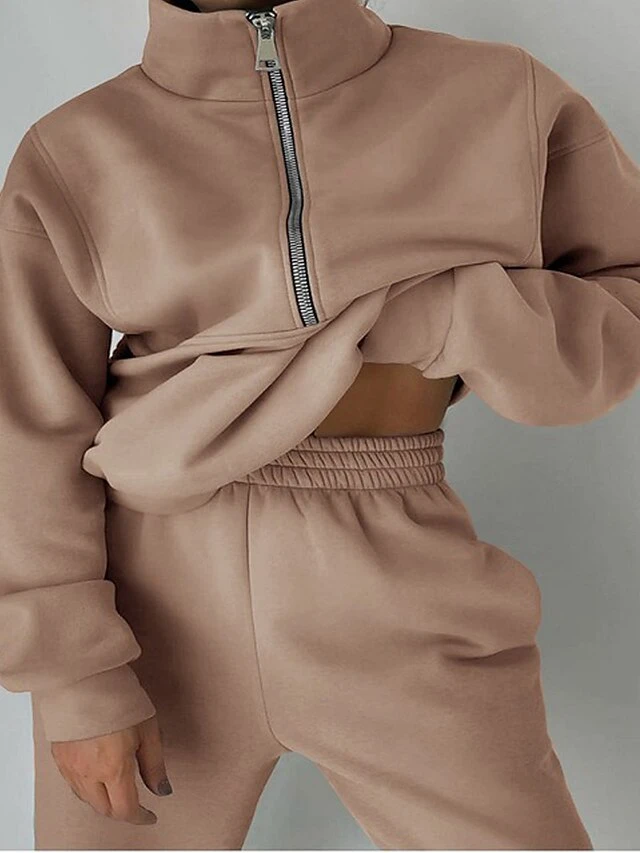 Women's Loungewear Sets Pure Color Warm Fashion Casual Street Daily Date Polyester Warm Breathable Stand Collar Long Sleeve Hoodie Pant Pocket Fall Winter Dark Brown Grass Green 6 Women's Loungewear Sets Pure Color Warm Fashion Casual Street Daily Date Polyester Warm Breathable Stand Collar Long Sleeve Hoodie Pant Pocket Fall Winter Dark Brown Grass Green - Image 4