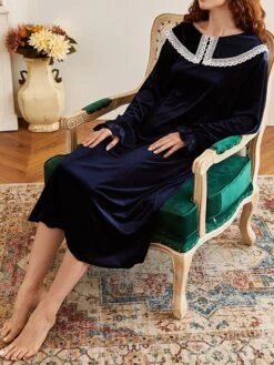 Women's Loungewear Dress Patchwork Warm Simple Casual Street Daily Date Velvet Warm Breathable Crew Neck Long Sleeve Fall Winter Pink Blue -Ladies Pajamas Store rfivuu1696751807334