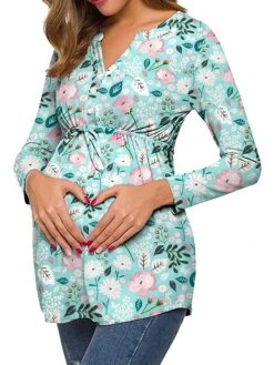 Women's Maternity Tops Pregnancy Shirts Floral Pattern Casual Comfort Pastoral Home Daily Vacation Cotton Breathable V Wire Long Sleeve Fall Winter White Light Green -Ladies Pajamas Store rgtity1695281862755