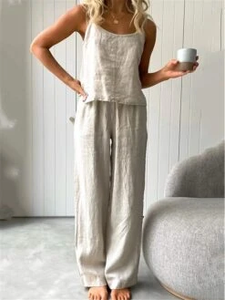 Women's Cotton And Linen Loungewear Sets Pure Color Fashion Simple Casual Street Daily DateBreathable Straps Sleeveless Strap Top Pant Pocket Summer Spring White Blue