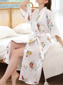 Women's Pajamas Robes Gown Bathrobes Nighty 1 PCS Flower Simple Comfort Kimono Robes Home Wedding Party Spa Satin Gift Long Sleeve Print Belt Included Spring Summer Blue Pink -Ladies Pajamas Store rhocex1644490234058