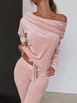 Women‘s Loungewear Sets Winter 2 Pieces Pure Color Comfort Plush Home Street Polyester One Shoulder Long Sleeve Pant Elastic Waist Winter Fall Purple Pink -Ladies Pajamas Store rhwack1661501494881