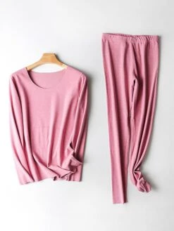 Women's Delong Thermal Underwear Suit Solid Warm Casual Comfort Home Bed Polyester Warm Crew Neck Long Sleeve Pant Elastic Waist Fall Winter Black Pink