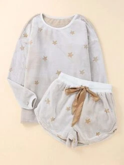 Women's Loungewear Sets 2 Pieces Star Fashion Casual Comfort Street Daily Date Polyester Warm Crew Neck Long Sleeve Shorts Fall Winter Gray -Ladies Pajamas Store rjilay1691046335143