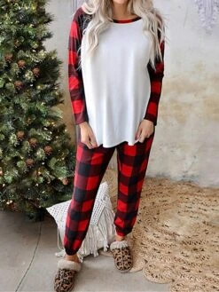 Women's Christmas Pajamas Grid / Plaid Simple Casual Comfort Polyester Breathable Gift Crew Neck Long Sleeve T Shirt Tee Pant Fall Winter Red -Ladies Pajamas Store rkgesn1695628305575