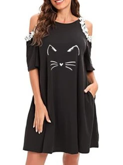 Women's Loungewear Nightgown Nightshirt Dress Cat Casual Comfort Sweet Home Street Daily Polyester Breathable Crew Neck Half Sleeve Hole Summer Spring Black Light Green