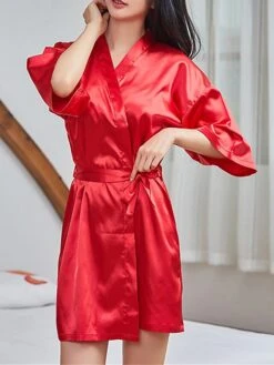 Women's Pajamas Robe Bathrobe Robes Gown Pure Color Casual Comfort Soft Home Daily Bed Satin Breathable V Wire Half Sleeve Summer Fall Black White -Ladies Pajamas Store rlprbz1689581310867