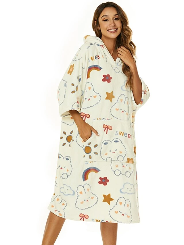 Women's Robes Gown Cartoon Comfort Home Polyester Comfort Hoodie Short Sleeve Pullover Pocket Hoodie Summer Beige 5 Women's Robes Gown Cartoon Comfort Home Polyester Comfort Hoodie Short Sleeve Pullover Pocket Hoodie Summer Beige - Image 3