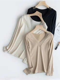 Women's Delong Thermal Shirt Top Pure Color Warm Simple Casual Home Daily Going Out Nylon Warm V Wire Long Sleeve Fall Winter Black Camel -Ladies Pajamas Store rmmuvu1697161961092