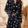 Women's Pajamas Bathrobe Star Warm Plush Casual Home Daily Bed Flannel Warm Breathable Hoodie Long Sleeve Pocket Belt Included Fall Winter Black -Ladies Pajamas Store rmxawf1695023680907