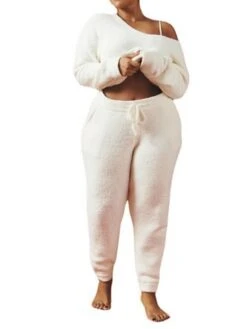 Women's Pajamas Sets Pure Color Warm Fashion Casual Home Daily Bed Polyester Breathable Crew Neck Long Sleeve Pant Fall Winter White Pink -Ladies Pajamas Store rnbglr1692348312467