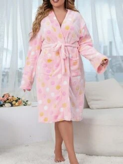 Women's Plus Size Robe Dot Simple Casual Comfort Home Street Going Out Flannel Warm Breathable V Wire Long Sleeve Pocket Summer Fall Lavender Lilac White