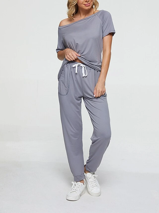 Women's Loungewear Sets Pure Color Fashion Comfort Soft Home Daily Bed Polyester Breathable Crew Neck Short Sleeve Pullover Pant Pocket Fall Winter Black White 6 Women's Loungewear Sets Pure Color Fashion Comfort Soft Home Daily Bed Polyester Breathable Crew Neck Short Sleeve Pullover Pant Pocket Fall Winter Black White - Image 4