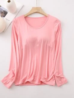 Women's Pajamas Top Pure Color Simple Casual Soft Home Daily Bed Cotton Breathable Crew Neck Long Sleeve Chest Pads Fall Winter Sauce Purple Champagne Powder -Ladies Pajamas Store rnwbpn1693467410976