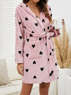 Women's Plush Hoodie Robes Gown Heart Casual Comfort Soft Home Daily Bed Flannel Breathable Hoodie Long Sleeve Pocket Fall Winter Pink -Ladies Pajamas Store rnxwkq1689581292678