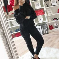 Women's Loungewear Sweatsuit Sets 2 Pieces Pure Color Warm Fashion Sport Home Street Airport Knit Off Shoulder Long Sleeve Sweater Pant Fall Winter Lotus Pink Black -Ladies Pajamas Store rooeiz1665646634940