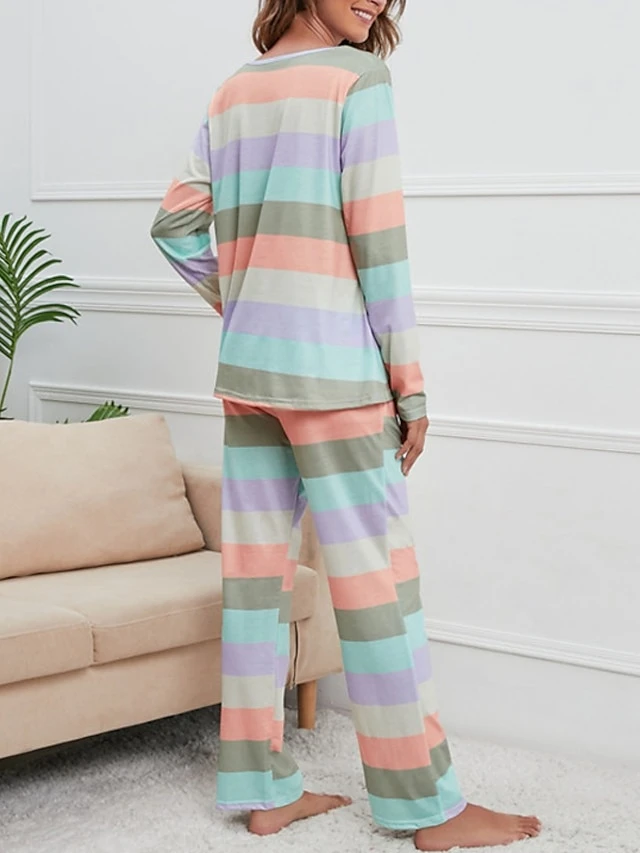 Women's Pajamas Nighty Pjs Sets 2 Pieces Rainbow Stripe Fashion Comfort Soft Home Daily Bed Cotton Breathable V Wire Long Sleeve T Shirt Tee Pant Spring Fall Yellow Blue 10 Women's Pajamas Nighty Pjs Sets 2 Pieces Rainbow Stripe Fashion Comfort Soft Home Daily Bed Cotton Breathable V Wire Long Sleeve T Shirt Tee Pant Spring Fall Yellow Blue - Image 8