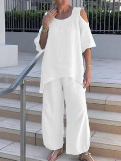 Women's Loungewear Sets Pure Color Fashion Simple Casual Street Daily Date Polyester Breathable Crew Neck Half Sleeve Pant Summer Spring Black White