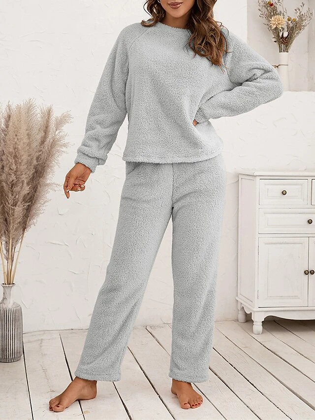 Women's Fuzzy Pajama Sets Pure Color Fashion Casual Soft Home Daily Bed Polyester Warm Breathable Crew Neck Long Sleeve Pant Fall Winter Black Pink 4 Women's Fuzzy Pajama Sets Pure Color Fashion Casual Soft Home Daily Bed Polyester Warm Breathable Crew Neck Long Sleeve Pant Fall Winter Black Pink - Image 2