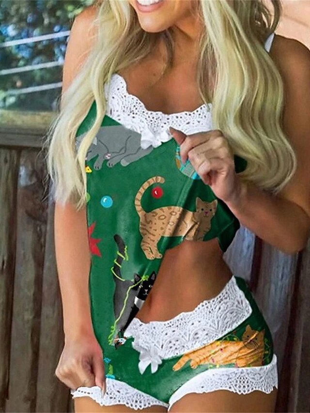 Women's Plus Size Sexy Lingerie Sets Cat Heart Hot Comfort Sweet Home Daily Bed Polyester Breathable Crew Neck Sleeveless Strap Top Shorts Summer Spring Black White 8 Women's Plus Size Sexy Lingerie Sets Cat Heart Hot Comfort Sweet Home Daily Bed Polyester Breathable Crew Neck Sleeveless Strap Top Shorts Summer Spring Black White - Image 6