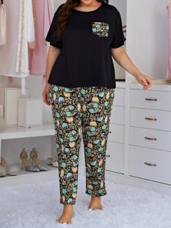 Women's Plus Size Loungewear Sets Flower Fashion Comfort Soft Home Daily Bed Polyester Breathable V Wire Short Sleeve T Shirt Tee Pant Pocket Fall Winter NNS52M-Black -Ladies Pajamas Store rsgzbx1693986216487
