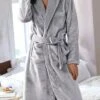 Women's Warm Robe Bathrobe Robes Gown Pure Color Fashion Casual Comfort Home Daily Bed Polyester Lapel Long Sleeve Fall Winter Light Grey Dark Blue