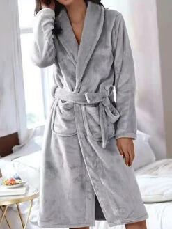 Women's Warm Robe Bathrobe Robes Gown Pure Color Fashion Casual Comfort Home Daily Bed Polyester Lapel Long Sleeve Fall Winter Light Grey Dark Blue