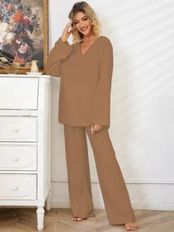 Women's Pajamas Sets Pure Color Fashion Casual Soft Home Daily Bed Polyester Breathable V Wire Long Sleeve Pant Summer Fall Black White -Ladies Pajamas Store rspfbf1697184515981