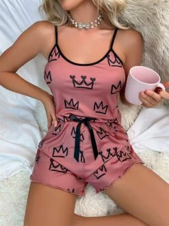Women's Pajamas Sets Geometic Casual Comfort Soft Home Daily Bed Polyester Breathable Straps Sleeveless Strap Top Shorts Backless Summer Fall Black Pink