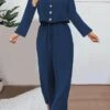 Women's Plus Size Loungewear Sets Pure Color Simple Casual Comfort Home Daily Vacation Cotton And Linen Breathable V Wire Long Sleeve Shirt Pant Button Fall Winter Wine Blue