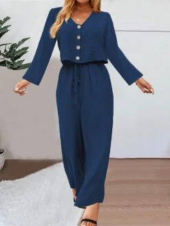 Women's Plus Size Loungewear Sets Pure Color Simple Casual Comfort Home Daily Vacation Cotton And Linen Breathable V Wire Long Sleeve Shirt Pant Button Fall Winter Wine Blue