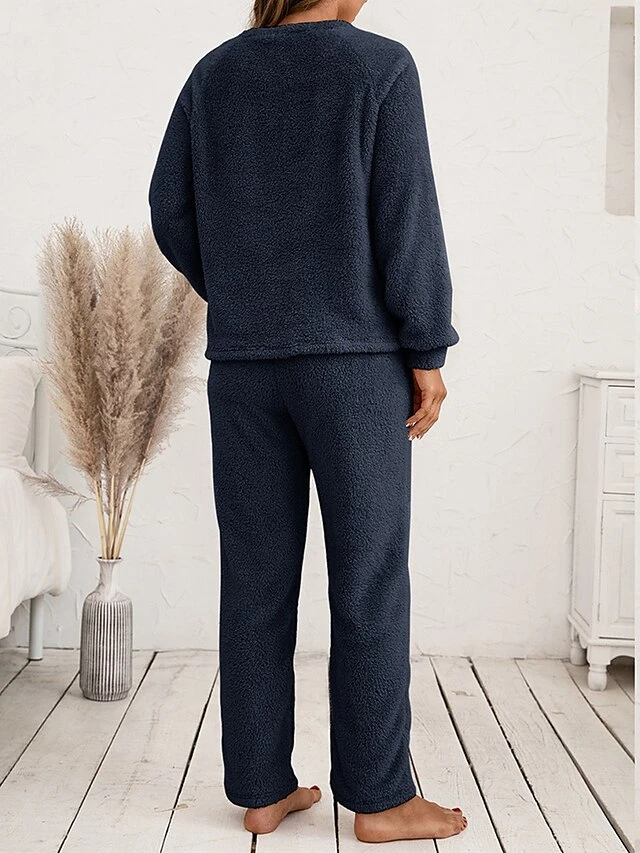 Women's Fuzzy Pajama Sets Pure Color Fashion Casual Soft Home Daily Bed Polyester Warm Breathable Crew Neck Long Sleeve Pant Fall Winter Black Pink 14 Women's Fuzzy Pajama Sets Pure Color Fashion Casual Soft Home Daily Bed Polyester Warm Breathable Crew Neck Long Sleeve Pant Fall Winter Black Pink - Image 12