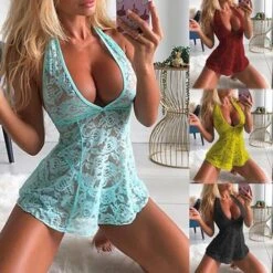 Women's Suits Chemises & Negligees Jacquard Embroidered POLY Halter Neck Lace Mesh Light Blue Black -Ladies Pajamas Store ryaoye1640576126212