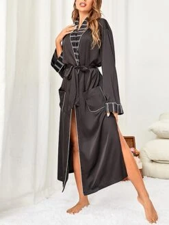 Women's Pajamas Bathrobe Robes Gown Stripe Simple Casual Comfort Home Daily Bed Ice Silk Breathable V Wire Long Sleeve Pocket Fall Winter Black White -Ladies Pajamas Store rycwsz1693379804574
