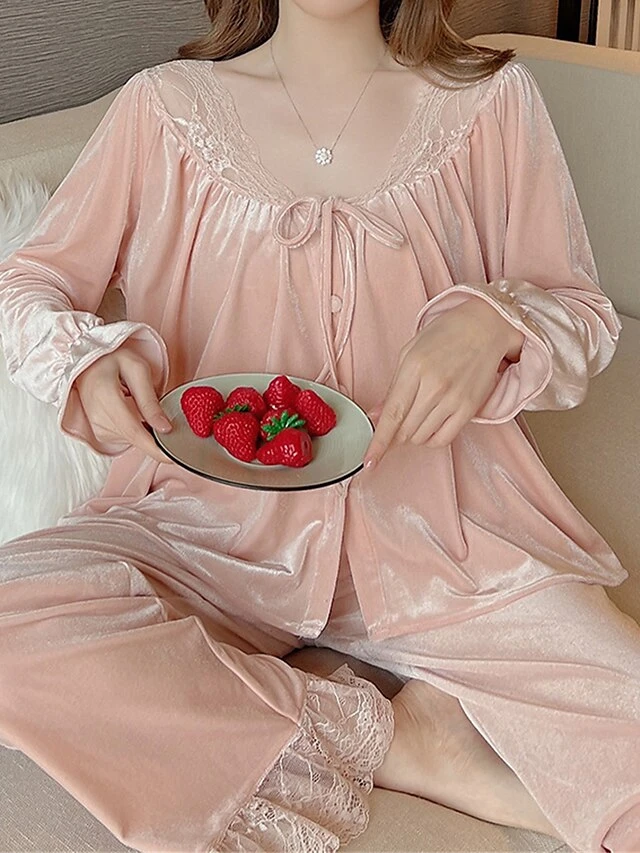 Women's Pajamas Sets Pure Color Casual Comfort Soft Home Bed Velvet Breathable Long Sleeve Shirt Pant Button Fall Winter Pink 4 Women's Pajamas Sets Pure Color Casual Comfort Soft Home Bed Velvet Breathable Long Sleeve Shirt Pant Button Fall Winter Pink - Image 2