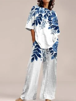 Women's Lounge Sets Top And Pant Flower Comfort Home Daily Polyester Crew Neck Summer Spring Pink Blue