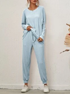 Women's Knit Lounge Sets Pure Color Casual Comfort Soft Home Street Daily Polyester Breathable Crew Neck Long Sleeve Pant Elastic Waist Spring Fall Black White