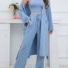 Women's Pajamas Sets 3 Pieces Pure Color Fashion Plush Casual Home Daily Bed Linen Breathable Crew Neck Long Sleeve Robe Top Pant Pocket Fall Winter Black Blue -Ladies Pajamas Store scpgvy1694417593805