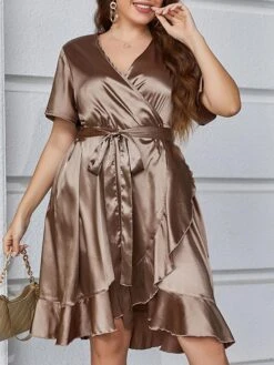 Women's Plus Size Loungewear Dress Pure Color Casual Comfort Sweet Home Daily Vacation Polyester Breathable V Wire Short Sleeve Dress Spring Summer Light Brown -Ladies Pajamas Store scpvrl1675748809121