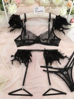 Women's Feather Sexy Lingerie Sets 4 Pieces Pure Color Lovers Hot Home Bed Date Lace Breathable Straps Sleeveless Backless Feather Summer Spring Light Pink White Powder -Ladies Pajamas Store sfjzkt1695712956513