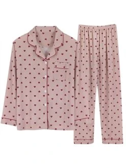 Women's Pajamas Sets Heart Grid / Plaid Fashion Comfort Soft Home Daily Bed Satin Breathable Lapel Long Sleeve Shirt Pant Button Pocket Fall Winter Light Pink Lotus Pink -Ladies Pajamas Store sgpxth1694766975090
