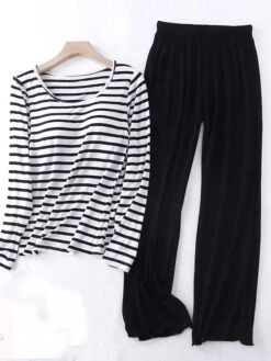 Women's Loungewear Sets 2 Pieces Stripe Fashion Casual Comfort Street Daily Date Polyester Breathable Crew Neck Long Sleeve Pant Summer Spring Black Pink -Ladies Pajamas Store sgxthf1689149531045
