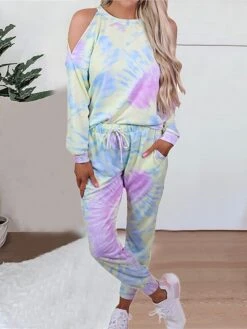 Women's Loungewear Sets Tie Dye Sport Casual Comfort Home Street Daily Polyester Breathable Crew Neck Long Sleeve Hoodie Pant Pocket Hole Fall Winter Yellow -Ladies Pajamas Store shnyep1693474888667