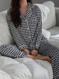 Women's Loungewear Sets Grid / Plaid Fashion Comfort Soft Home Daily Bed Ice Silk Breathable Lapel Long Sleeve Shirt Pant Button Pocket Fall Winter Black Pink