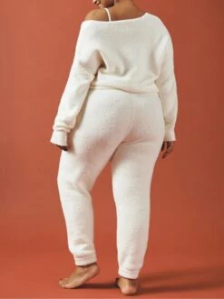 Women's Pajamas Sets Pure Color Warm Fashion Casual Home Daily Bed Polyester Breathable Crew Neck Long Sleeve Pant Fall Winter White Pink -Ladies Pajamas Store smbfna1692348315611