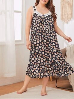 Women's Plus Size Loungewear Dress Flower Casual Comfort Soft Home Daily Bed Polyester Breathable Straps Sleeveless Dress Spring Summer Black Pink