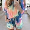 Women's Pajama Top And Pant Tie Dye Fashion Casual Soft Home Daily Bed Polyester Breathable One Shoulder Long Pant T Shirt Tee Shorts Summer Fall Light Green Blue -Ladies Pajamas Store smvcrd1690183505039